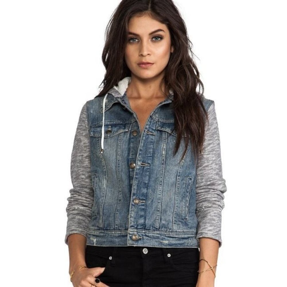Free People Denim Knit Sleeve Hooded Hoodie Jacket Women's Size Small - Picture 1 of 10